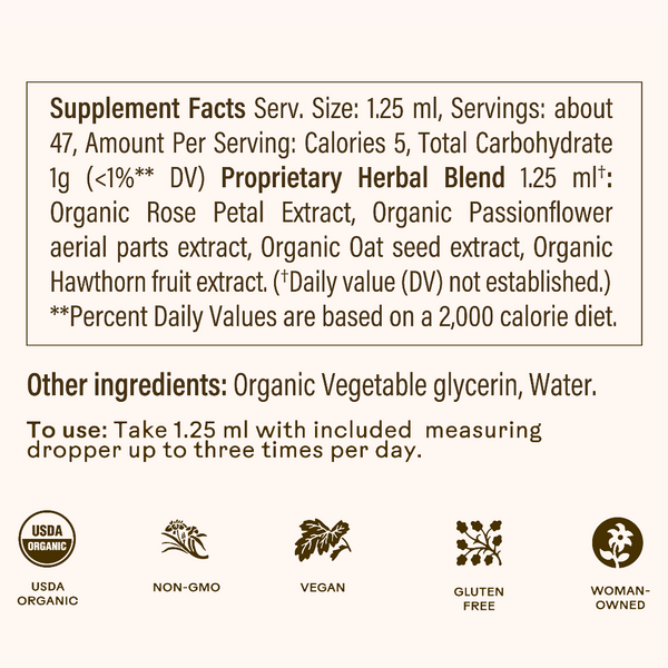 Supplement facts label with herbal blend and other ingredients on a white background